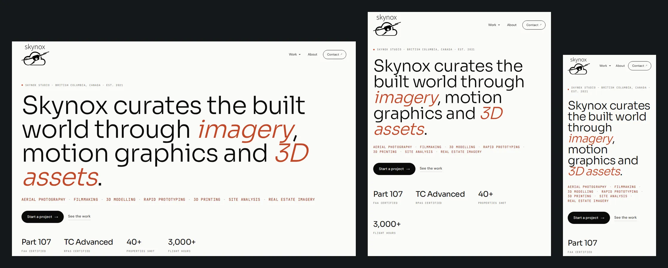 The skynox.ca home page at desktop, tablet and phone widths.